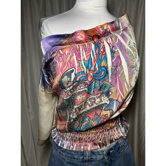 Ericka Fashion Tops - One Shoulder Tattoo Print Blouse Broken Heart Rhinestone Smocked y2k grunge